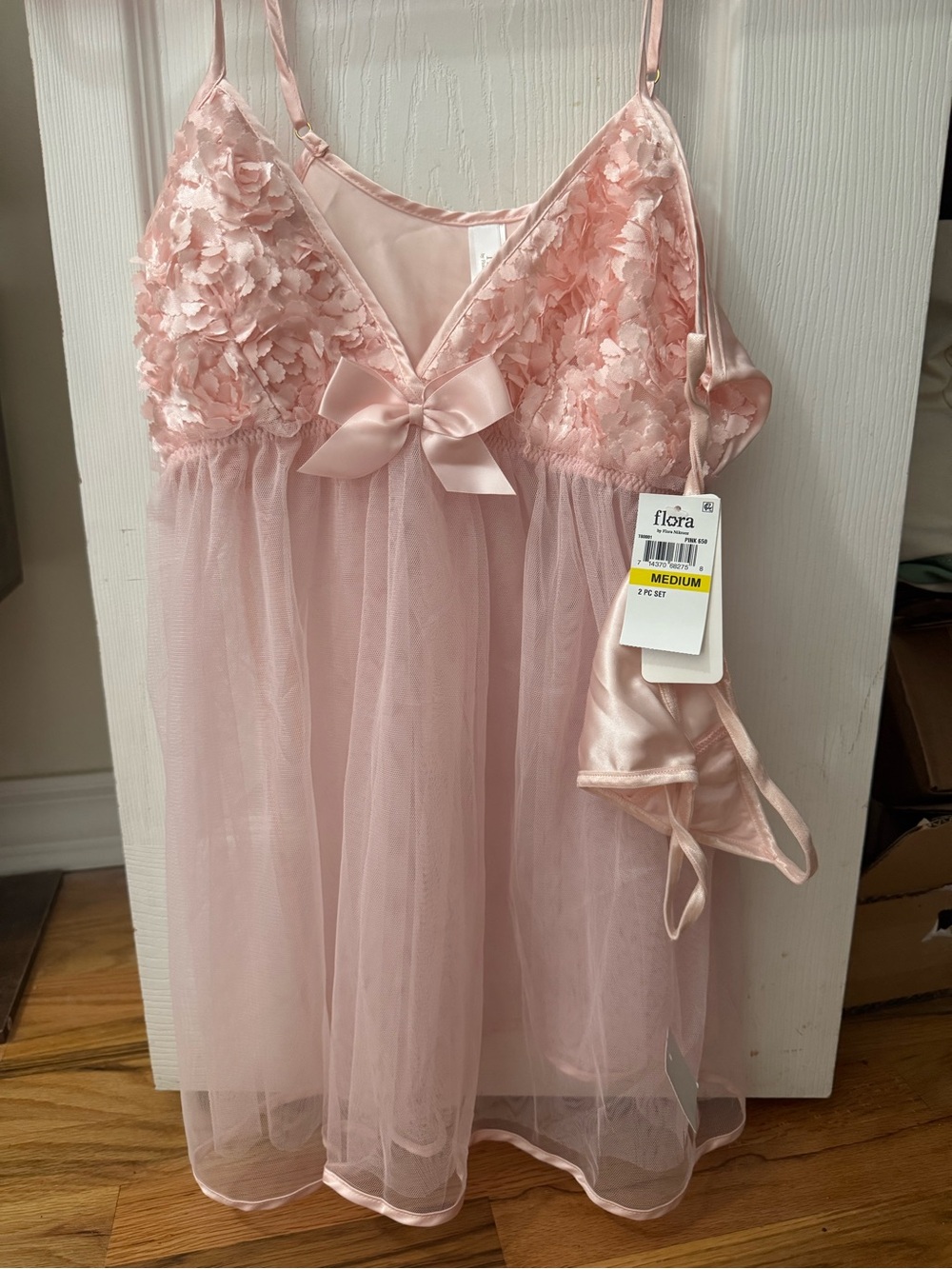 Flora Nikrooz Pink Sheer Floral Appliqué Babydoll Chemise with Bow